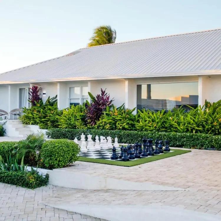 Villa garden with a giant outdoor chess set